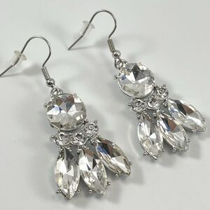 Silver tone White Glass Round Marquise Rhinestone Dangle Earrings Chunky Bling
